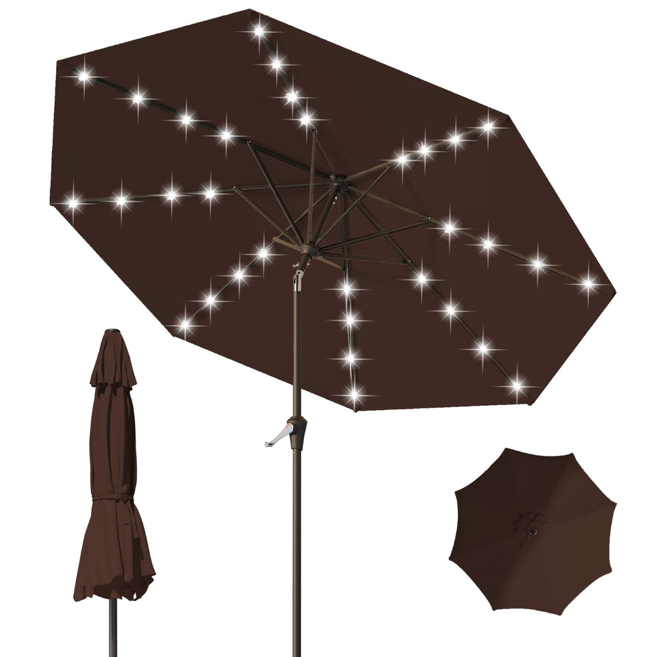 Tobeos 9ft patio umbrella with LED lights, side view, creating warm outdoor ambiance.