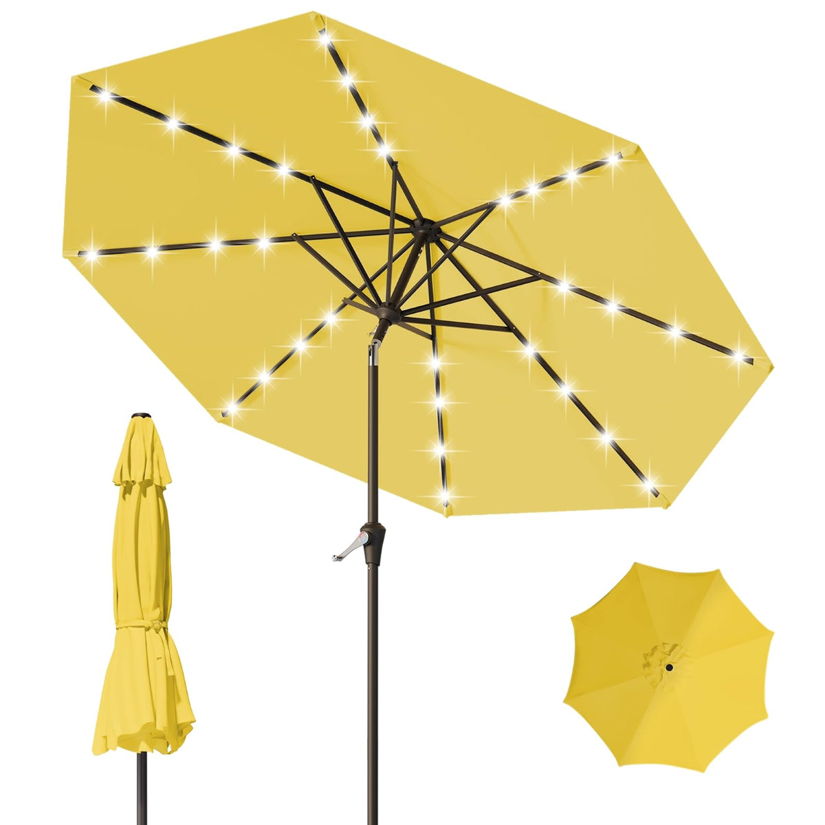 Tobeos 9ft patio umbrella with LED lights illuminating outdoor dining at dusk