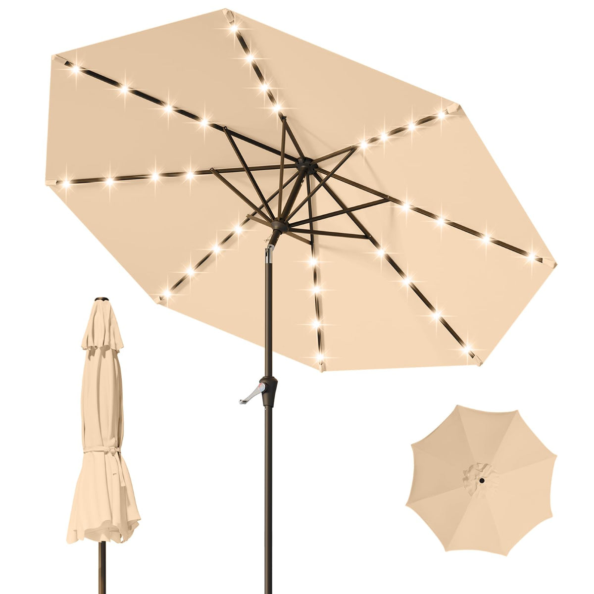 Tobeos 9ft patio umbrella with solar lights glowing over a shaded outdoor space