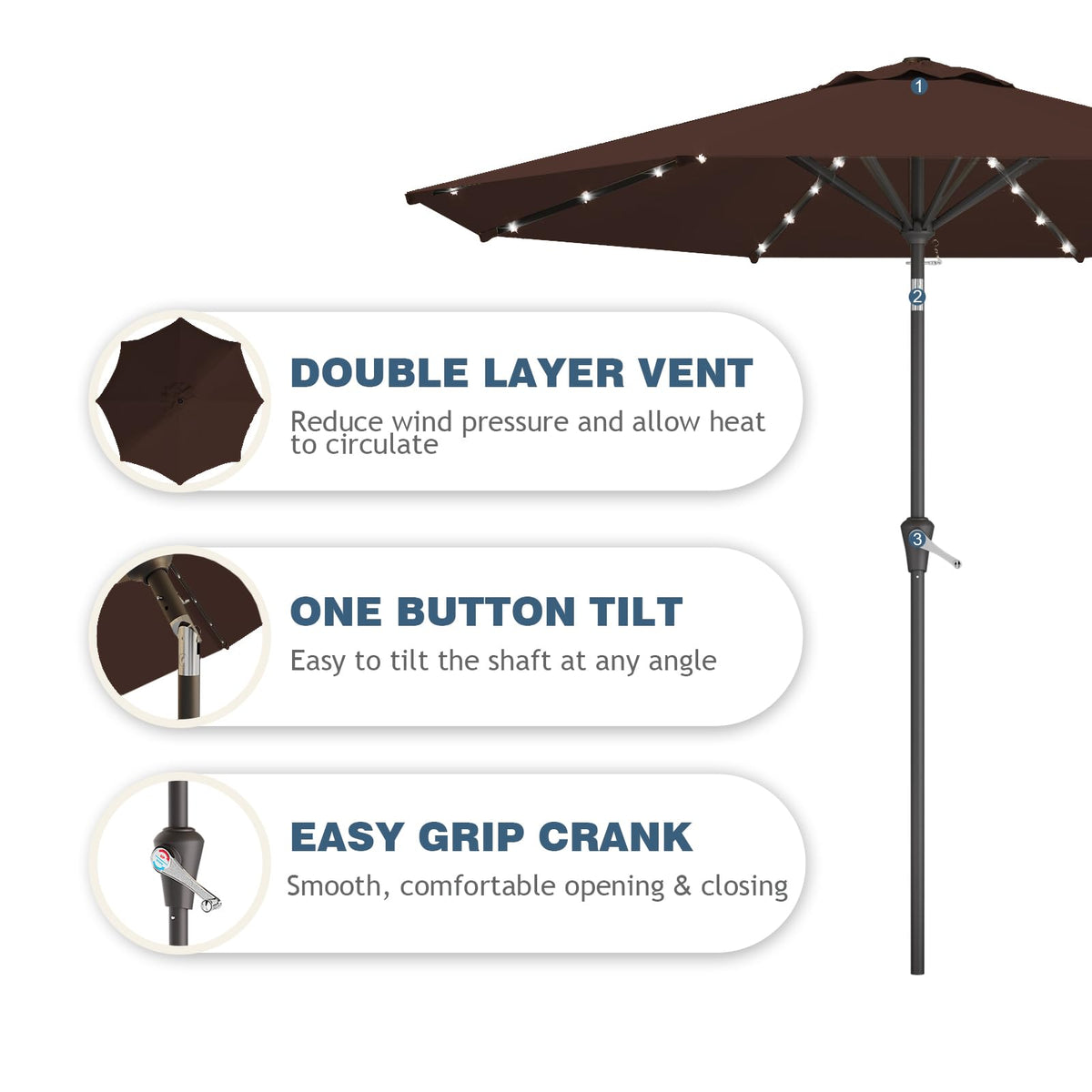 Tobeos umbrella with tilt and crank, easy shade adjustment for sunny days.