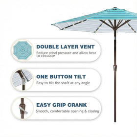Tobeos solar LED ribs illuminate evenings around the umbrella.