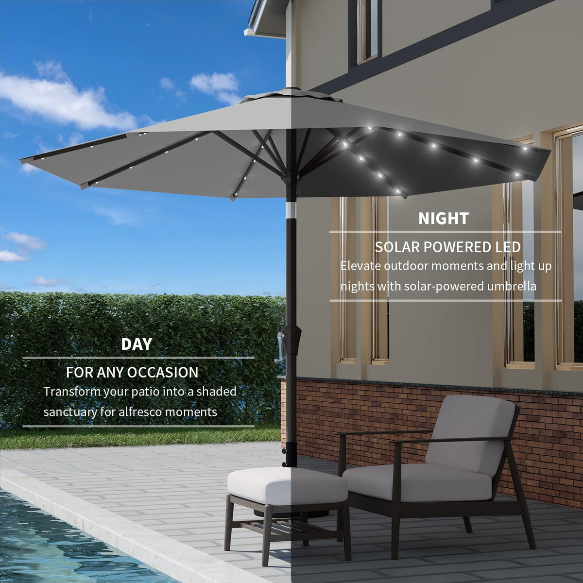 Tobeos 9FT shade covering a round table for 4 to 6.