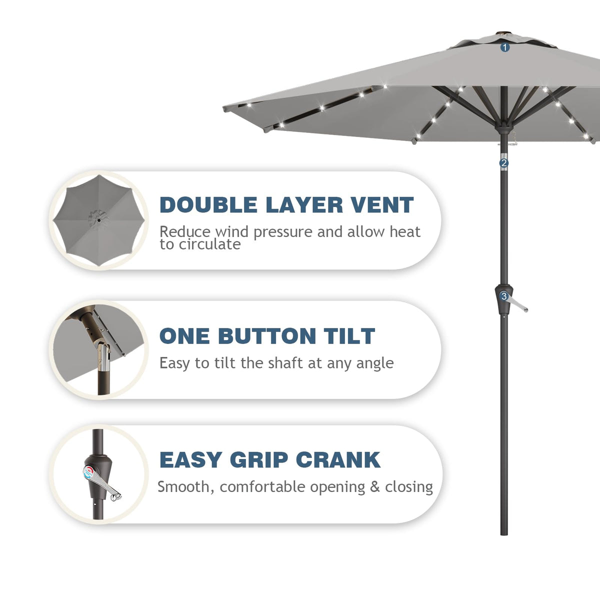 Tobeos umbrella showing tilt and crank mechanism for easy adjustment.