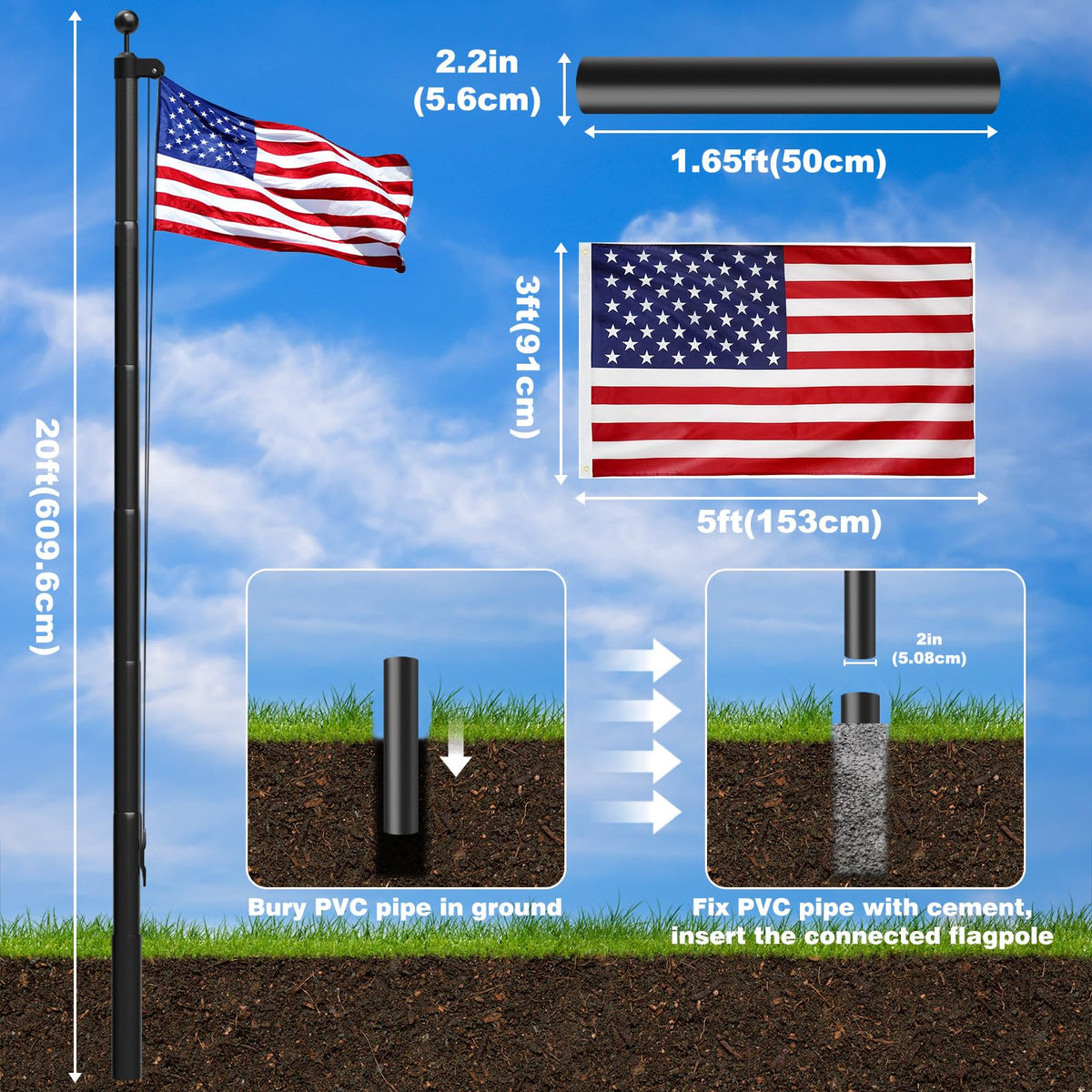 TOCRETOARE dual-flag display system enables flexible outdoor arrangements.