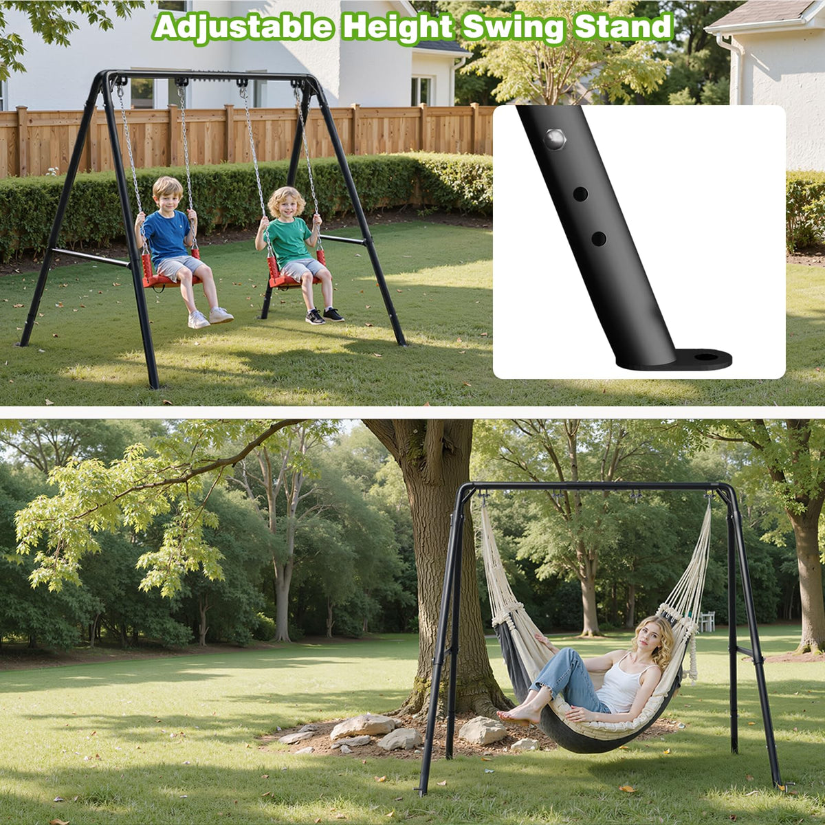 TOCRETOARE porch swing stand ground-stakes illustrates wind resistance and secure anchoring.