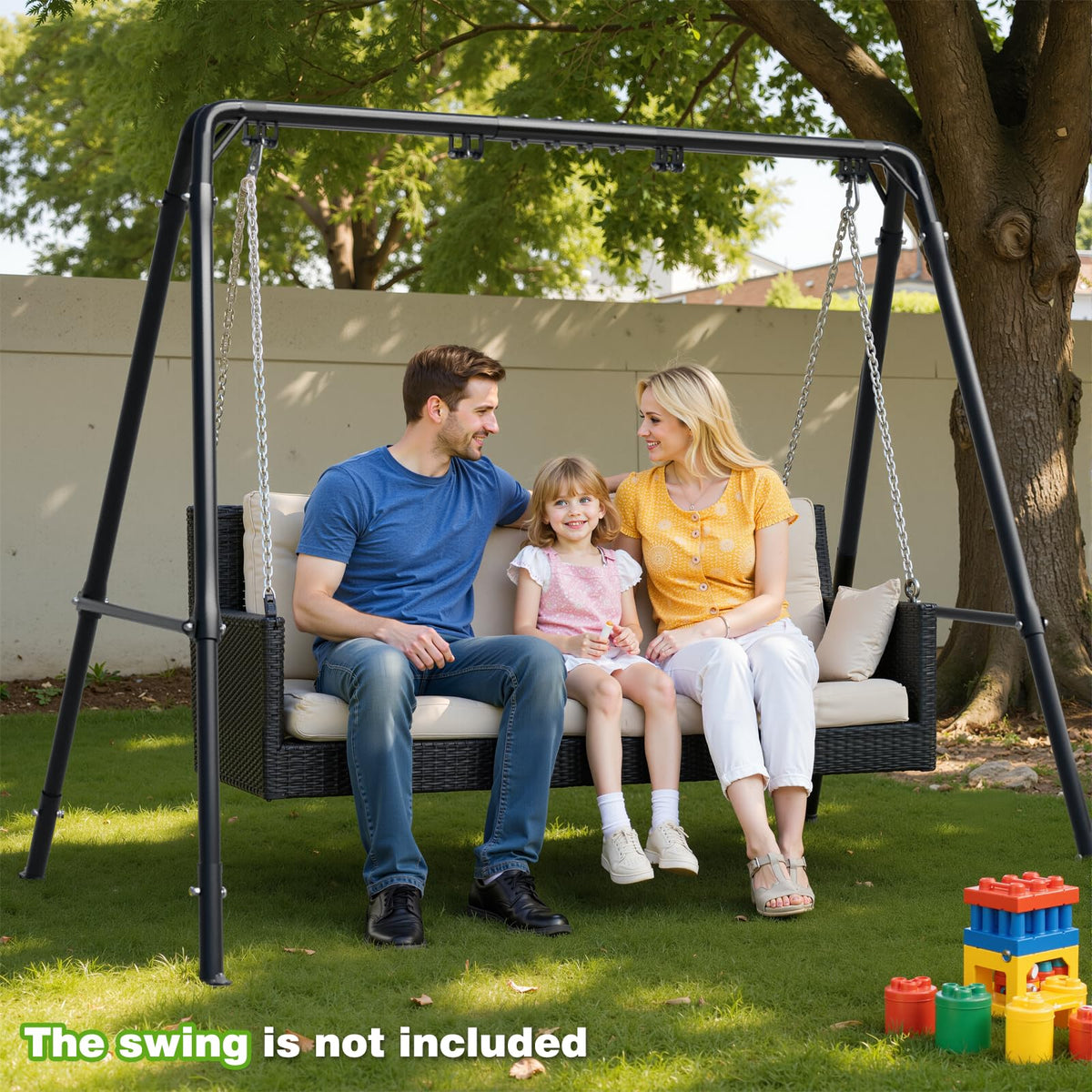 TOCRETOARE porch swing stand side view shows stability and generous seating space.