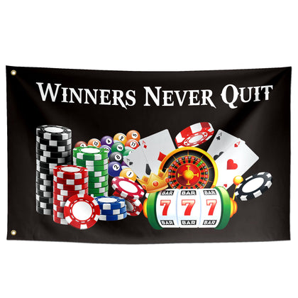 ToFlagify Winners Never Quit flag front view with vibrant colors for dorm decor.