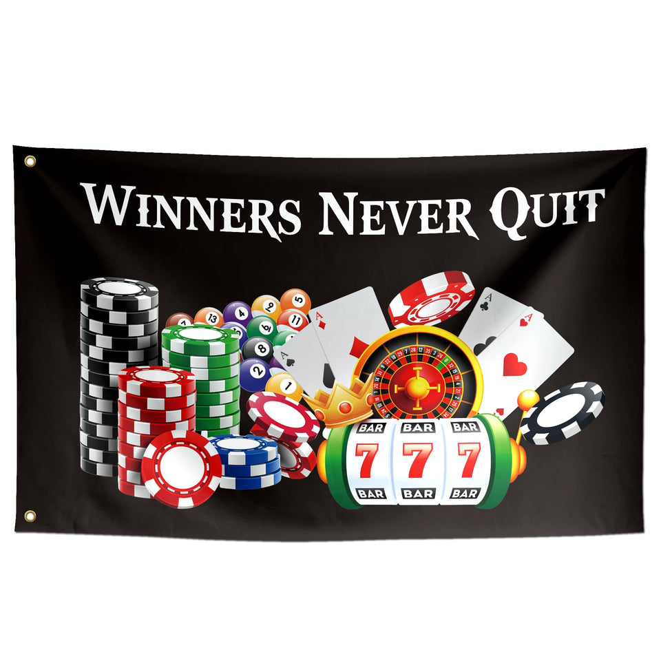 ToFlagify Winners Never Quit flag front view with vibrant colors for dorm decor.