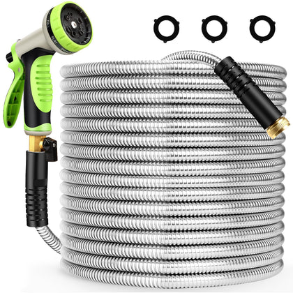 Togake metal garden hose 100ft coiled for easy storage and versatile watering.