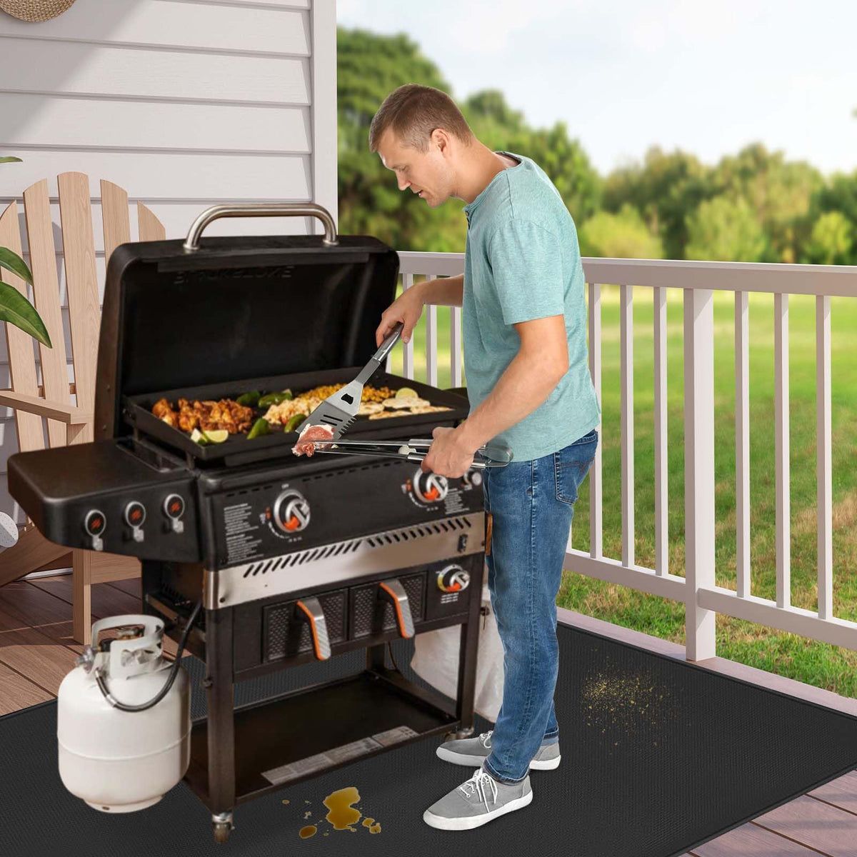 TOHONFOO 2000°F fireproof grill mat shown under a hot grill.