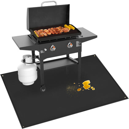 TOHONFOO grill mat 70x48in deployed under a Blackstone griddle protecting the deck.