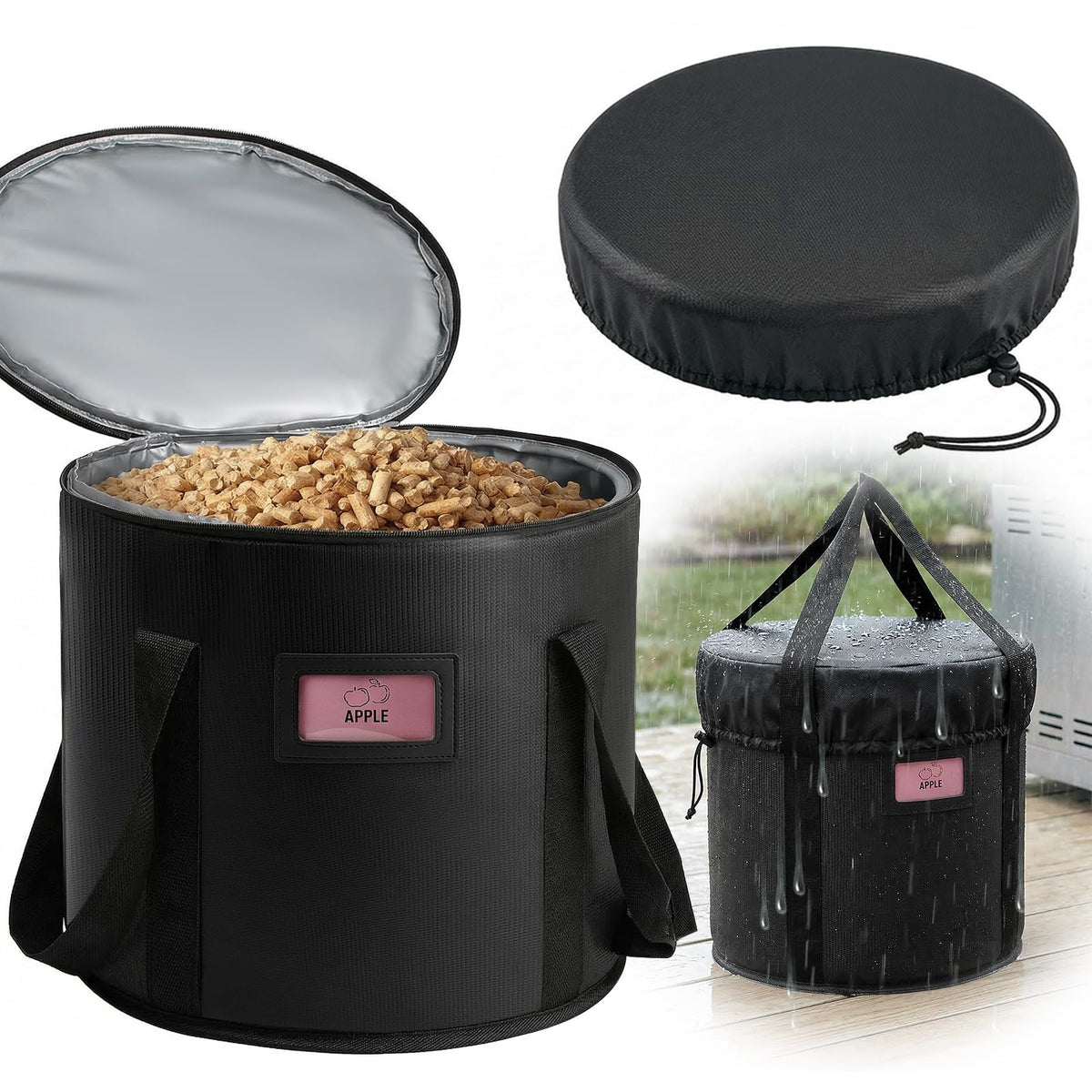 TOHONFOO pellet bin exterior view with waterproof cover keeps fuel dry.
