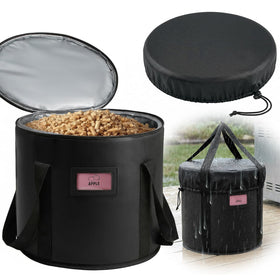 TOHONFOO pellet bin exterior view with waterproof cover keeps fuel dry.