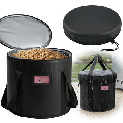 TOHONFOO pellet bin exterior view with waterproof cover keeps fuel dry.