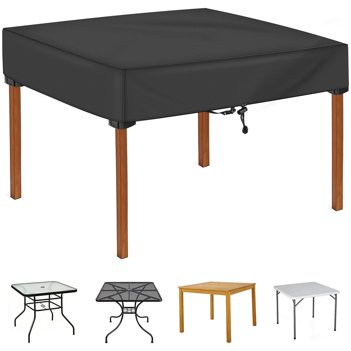 TOHONFOO square table cover on a patio table protects a 36-inch surface from rain and dust.