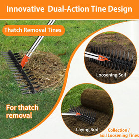 Tolia dethatching rake shows carbon steel head built for durability on tough soil.