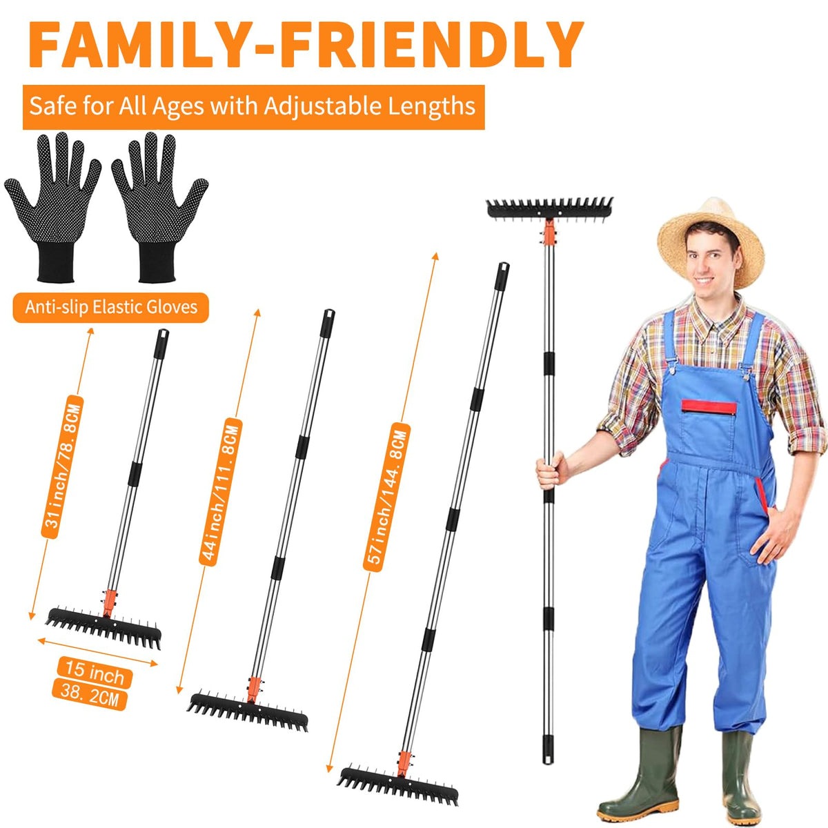 Tolia thatch rake includes gardening gloves for safe handling.