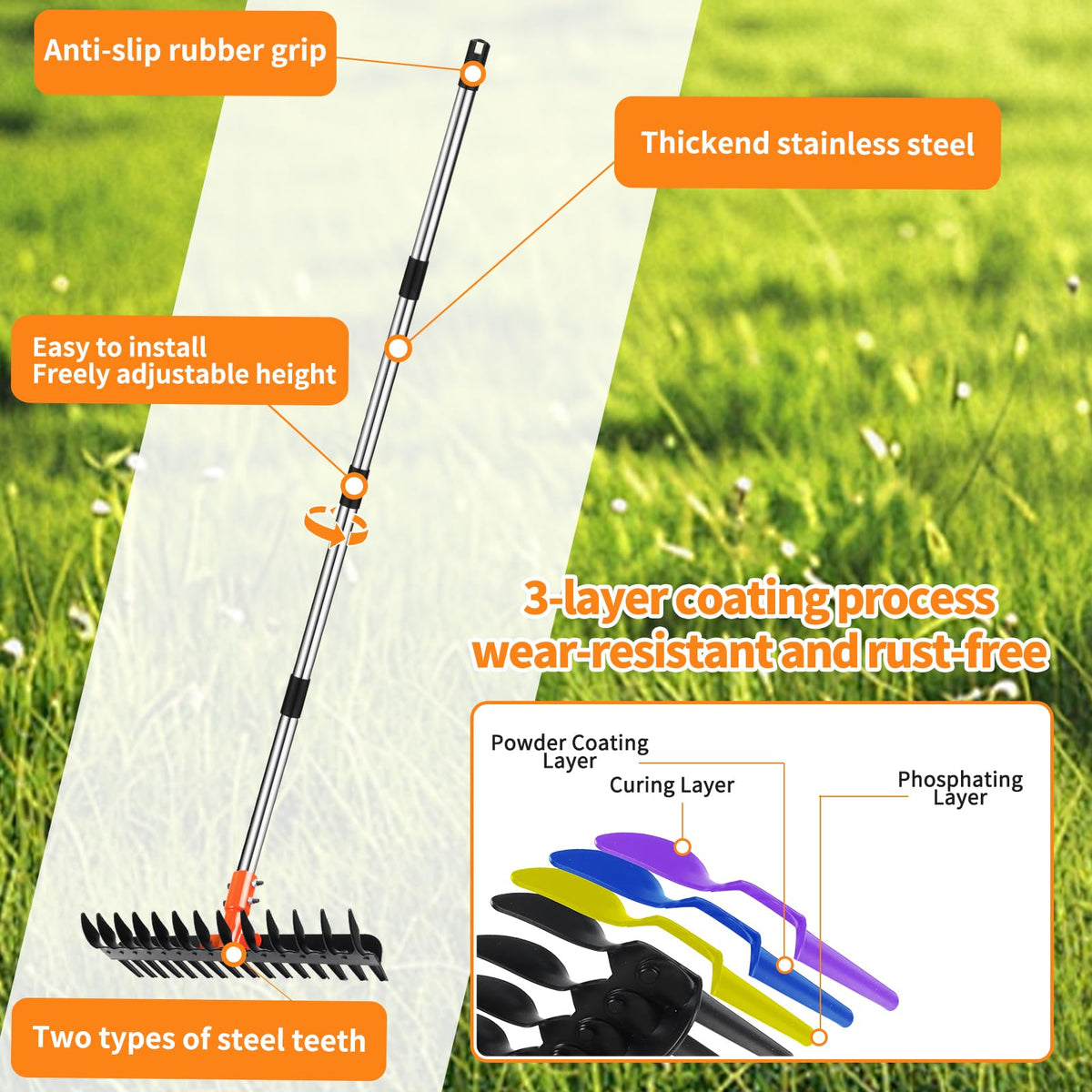 Tolia thatch rake with reusable waste bag for easy yard cleanup.
