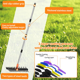 Tolia thatch rake with reusable waste bag for easy yard cleanup.