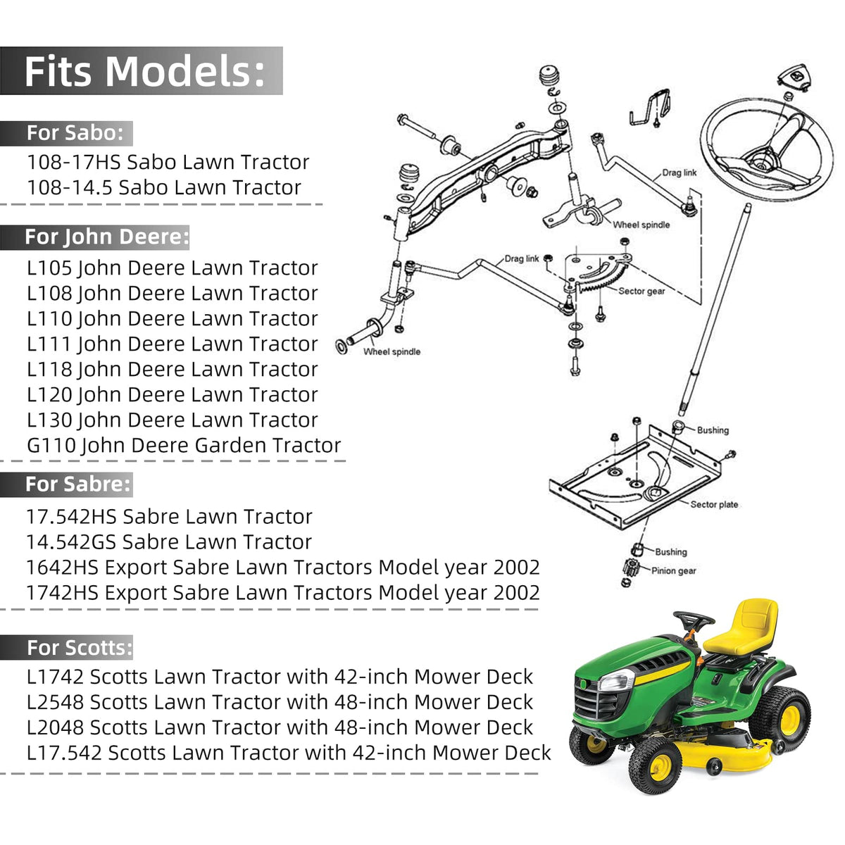 Tomanic steering sector gear kit for John Deere L105-L130 models, durable steel construction.