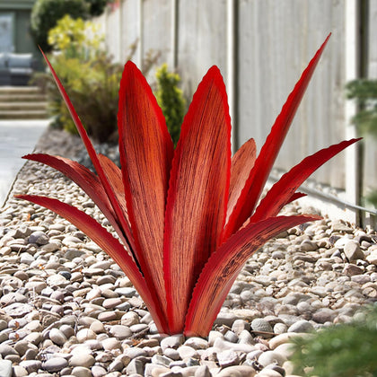TOMBABY agave garden sculpture with 12 red leaves for vibrant outdoor decor.
