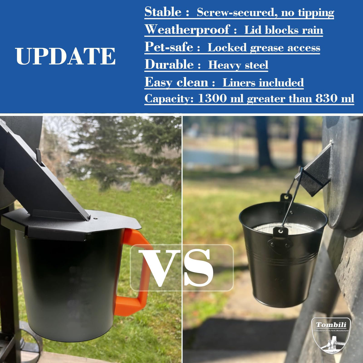 Tombili grease bucket durable steel construction with coating protects against leaks