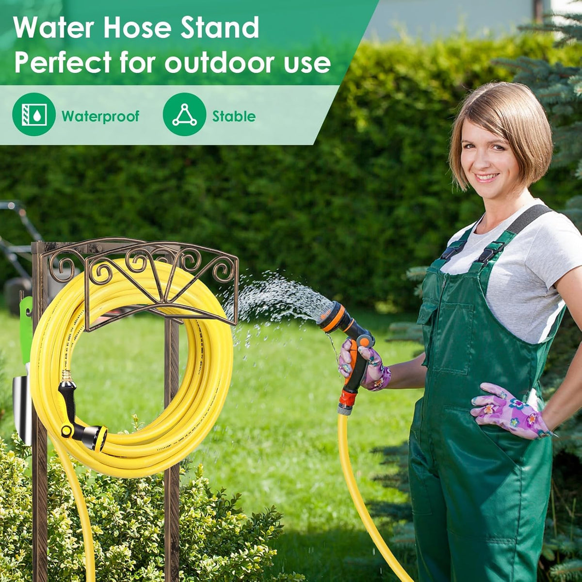 TomCare garden hose holder supports up to 160 ft of hose neatly.