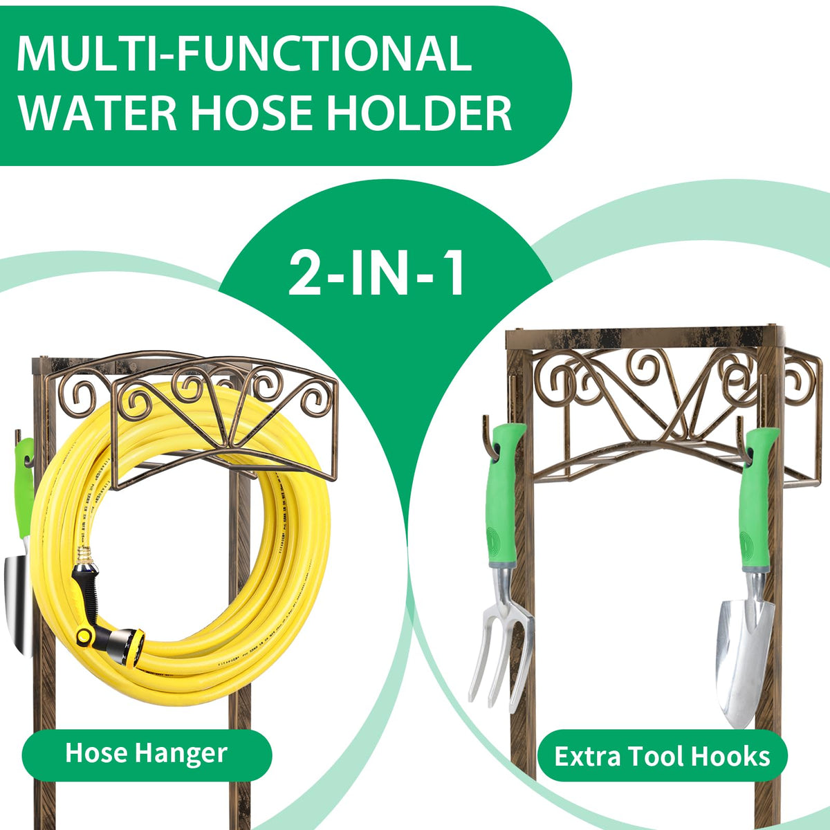 TomCare hose holder shows extra storage hooks for sprinklers and small tools.
