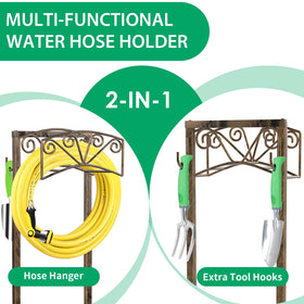 TomCare hose holder shows extra storage hooks for sprinklers and small tools.