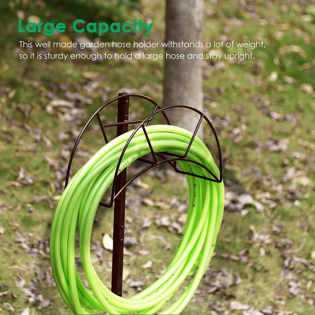 TomCare Garden Hose Holder installs quickly with ground stakes, no wall mounting required.