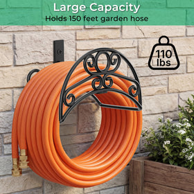 TomCare hose-hanger-150ft-capacity on wall keeps long hoses organized and accessible.