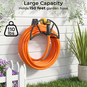 TomCare hose holder demonstrates 150ft capacity for long garden hoses.