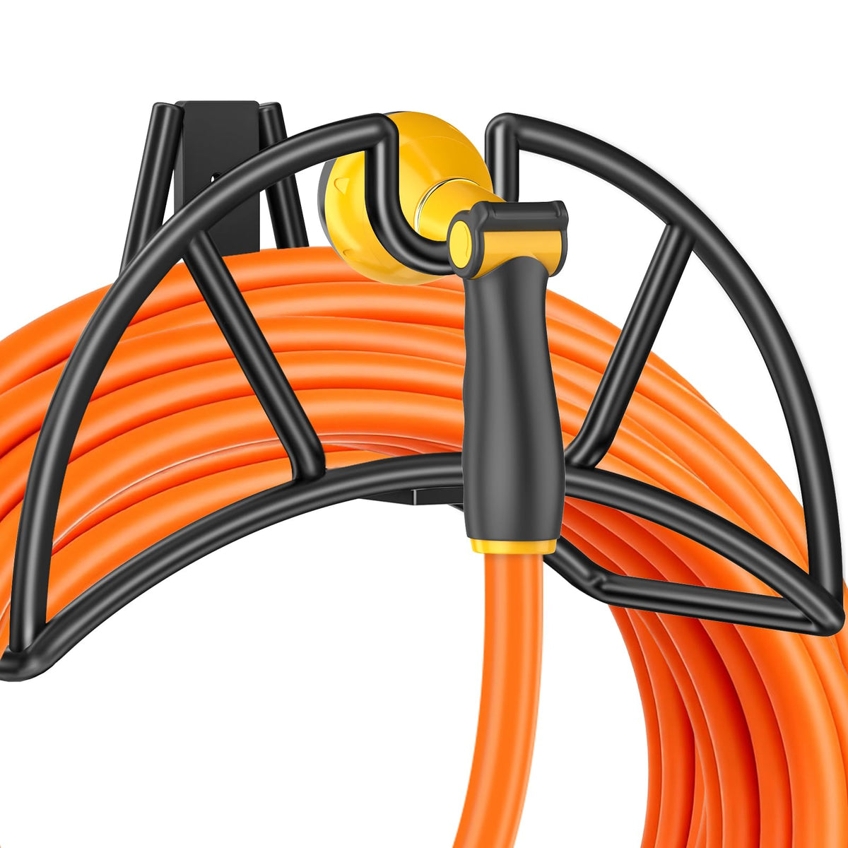TomCare wall-mounted hose holder on garden wall keeps hoses organized and accessible.