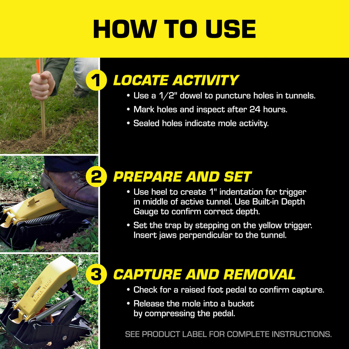 Tomcat Mole Trap disposal happens by pedal release for cleaner handling.
