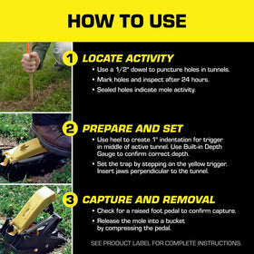 Tomcat Mole Trap disposal happens by pedal release for cleaner handling.