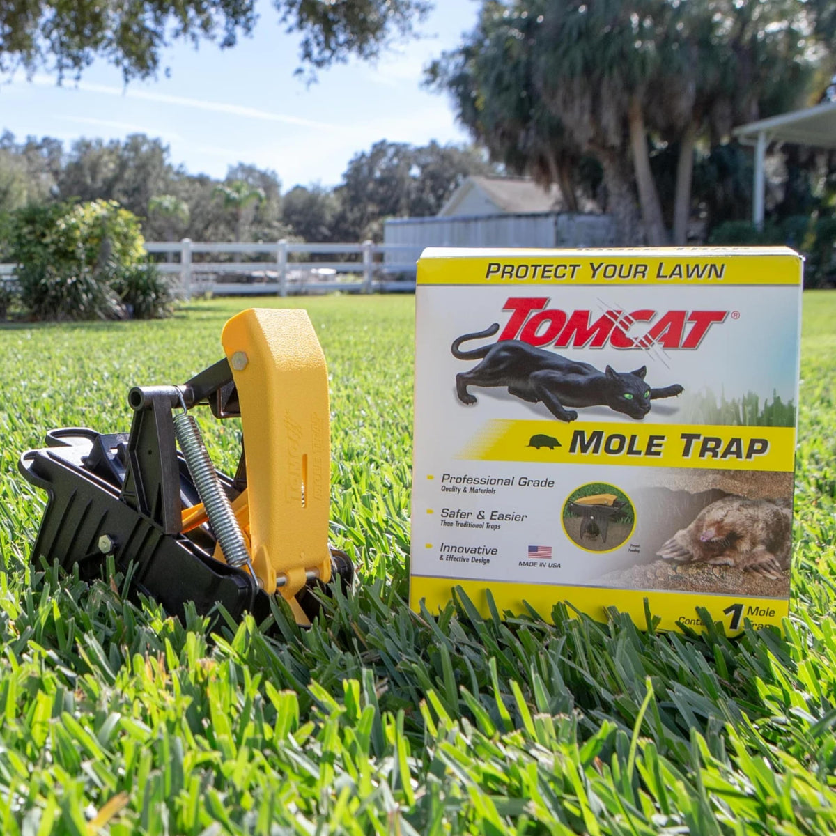 Tomcat Mole Trap hands-free setup makes placement safer and easier.
