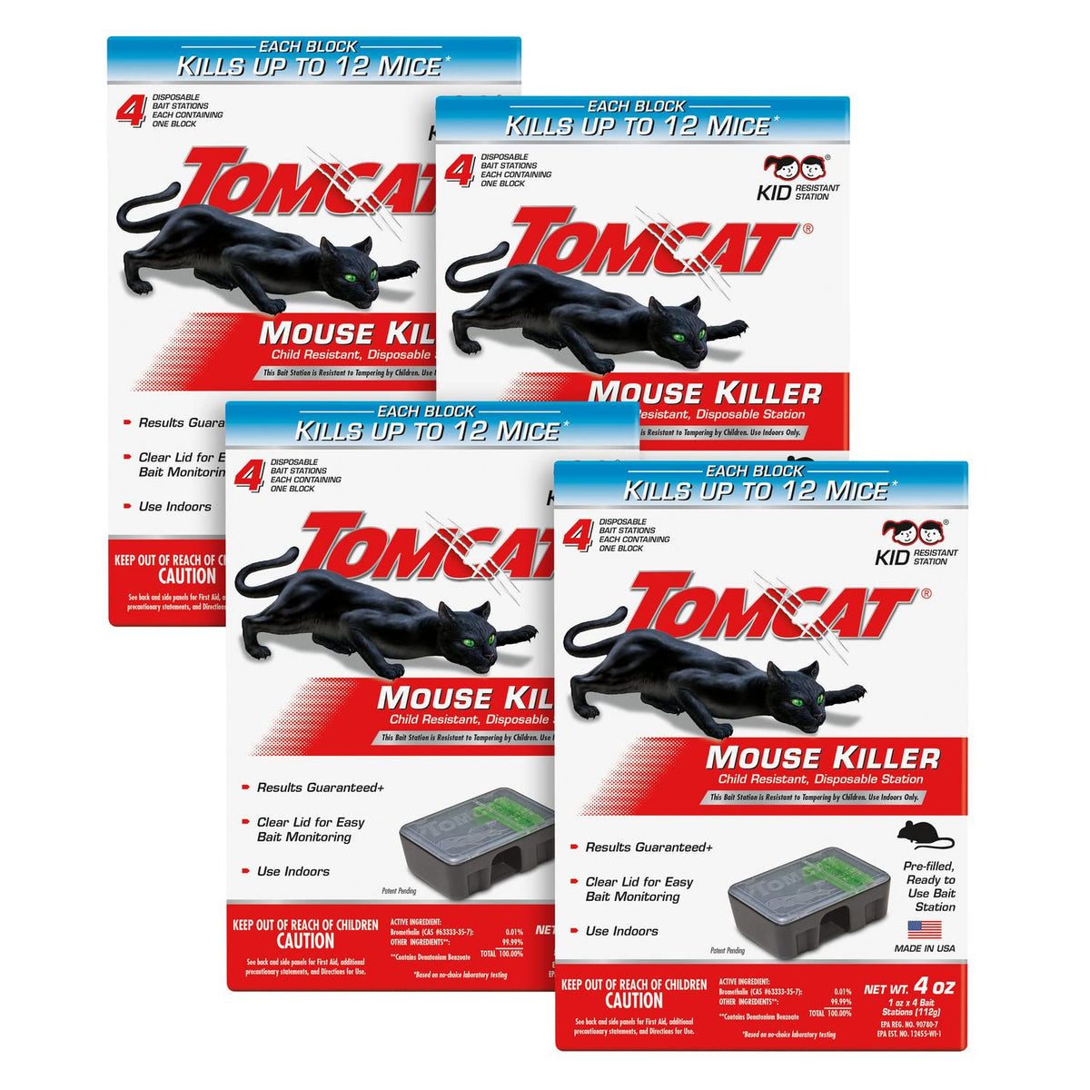 Tomcat Mouse Killer child-resistant station with clear lid for easy bait monitoring.