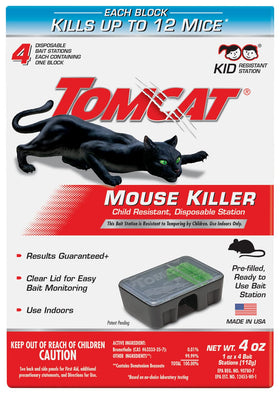 Tomcat Mouse Killer four-pack packaging ensures ongoing pest control supplies.