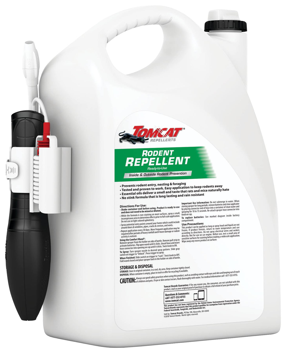 Tomcat rodent-repellent spray shown around doors and windows for entry-point protection.