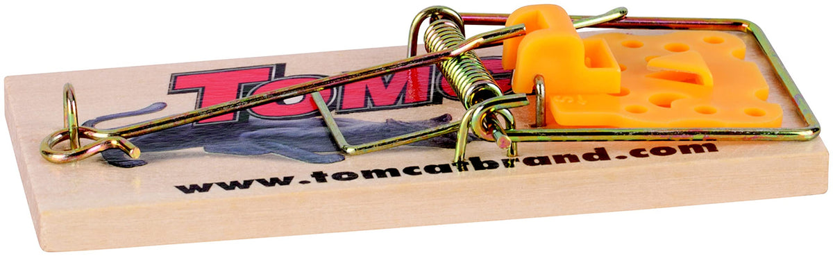 Tomcat wooden mouse trap side view highlighting compact design for wall placement.