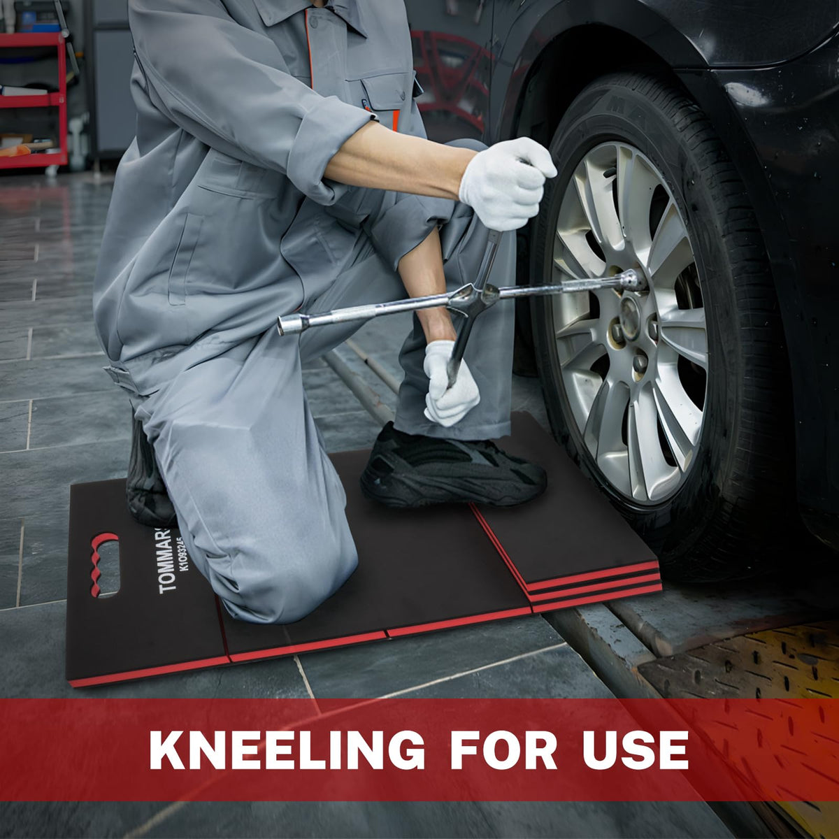 TOMMARS kneeling pad non-slip bottom on a concrete workshop floor