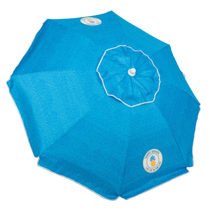 Tommy Bahama 6' Tilt Umbrella blue open provides cool shade at the beach.