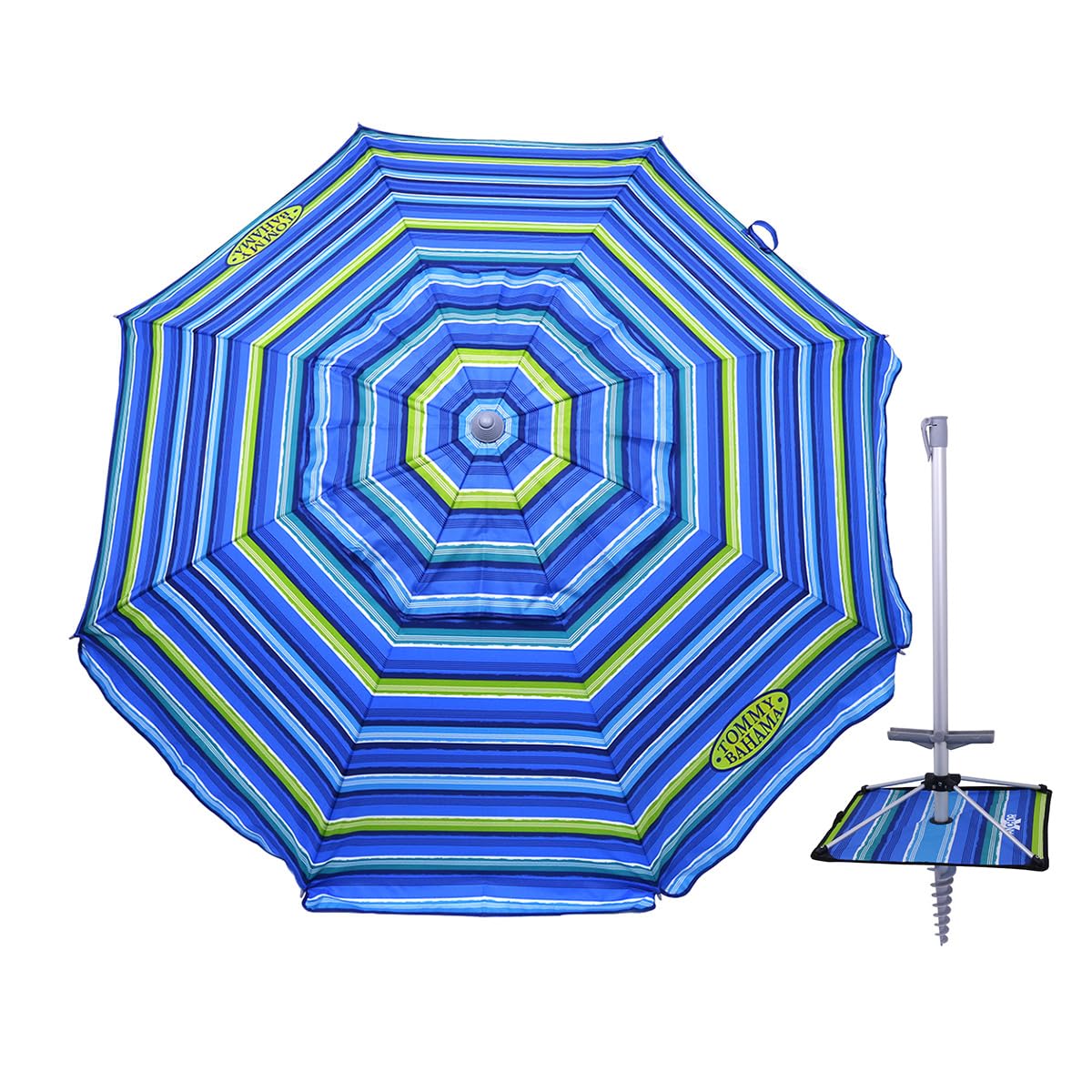 Tommy Bahama 7ft beach umbrella with sand anchor stabilizes on windy beaches