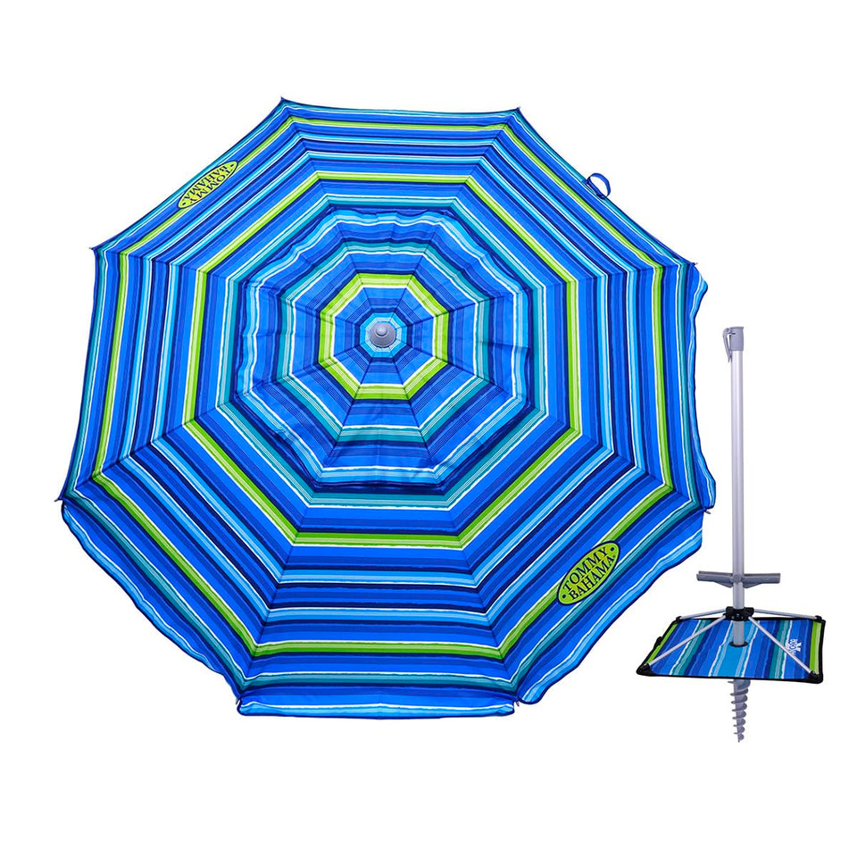 Tommy Bahama 7ft beach umbrella with sand anchor stabilizes on windy beaches