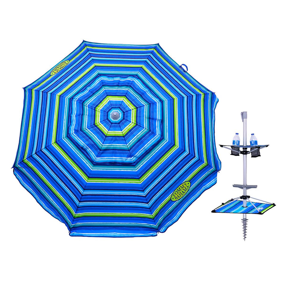 Tommy Bahama 7 ft fiberglass beach umbrella with sand anchor provides stable shade.