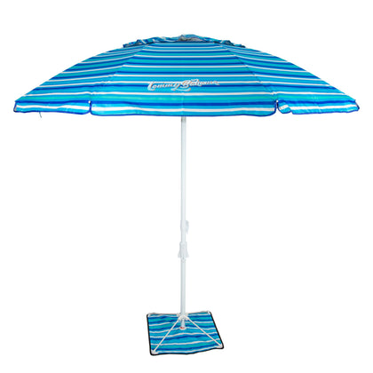 Tommy Bahama AnchorX sand-base anchors shade securely on windy beaches