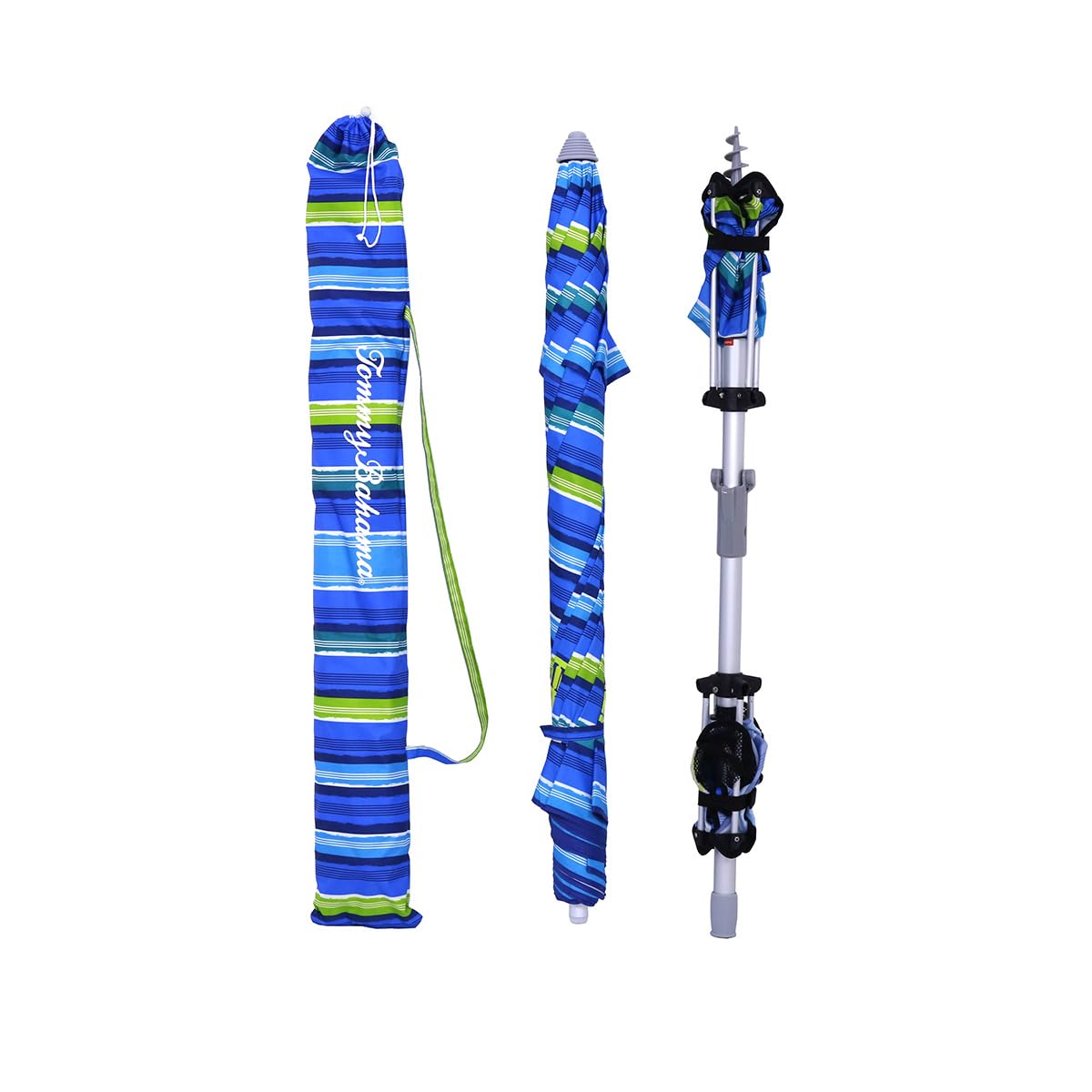 Tommy Bahama umbrella with integrated table offers convenient on-the-go surface.