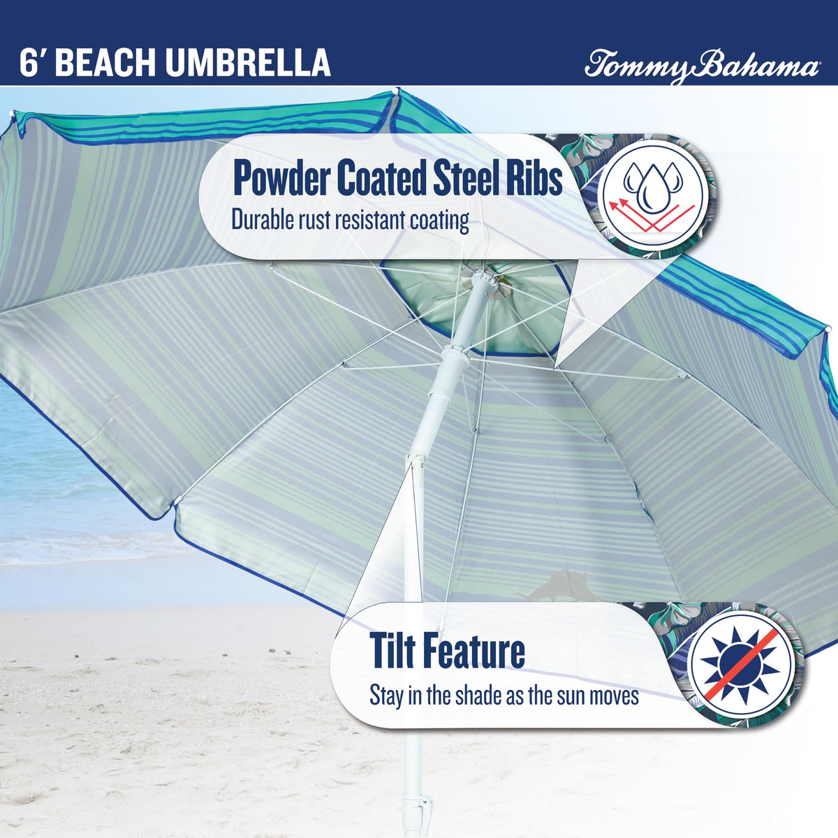Tommy Bahama 6' Tilt Umbrella sand anchor close-up demonstrates stable beach setup.