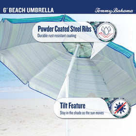Tommy Bahama 6' Tilt Umbrella sand anchor close-up demonstrates stable beach setup.