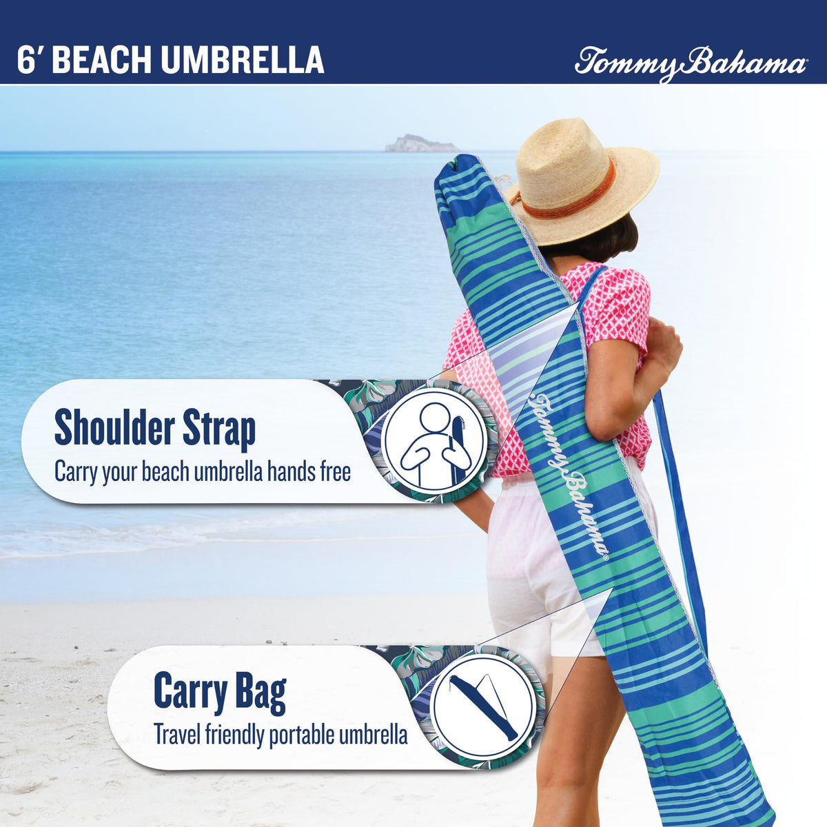 Tommy Bahama umbrella powder-coated pole detail emphasizes rust resistance and durability.